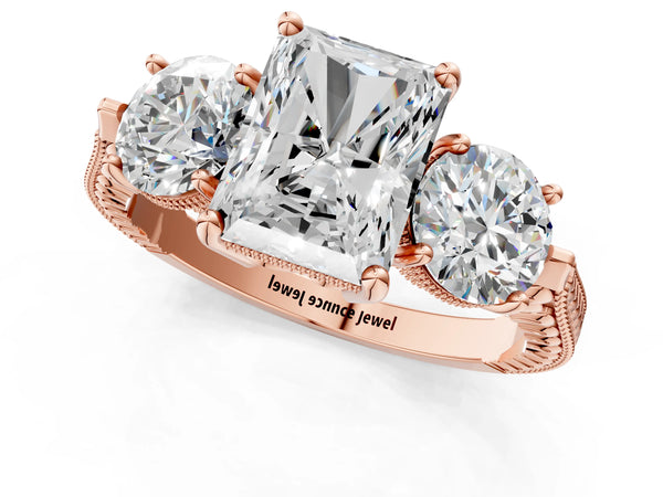 Rose Gold Radiant Cut Vintage Three Stone Engagement Ring Setting