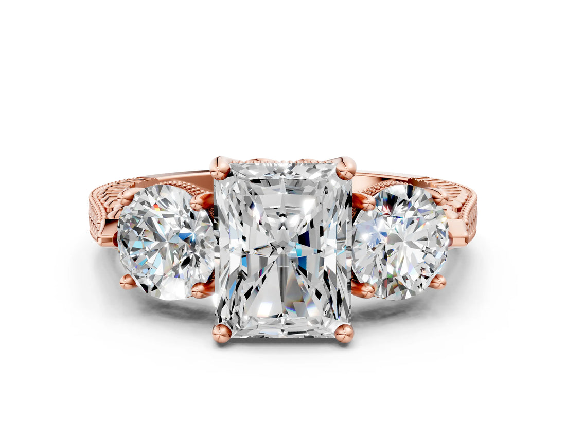 Rose gold Three-Stone Radiant Cut Cut Milgrain Band Prong Setting Ring_9