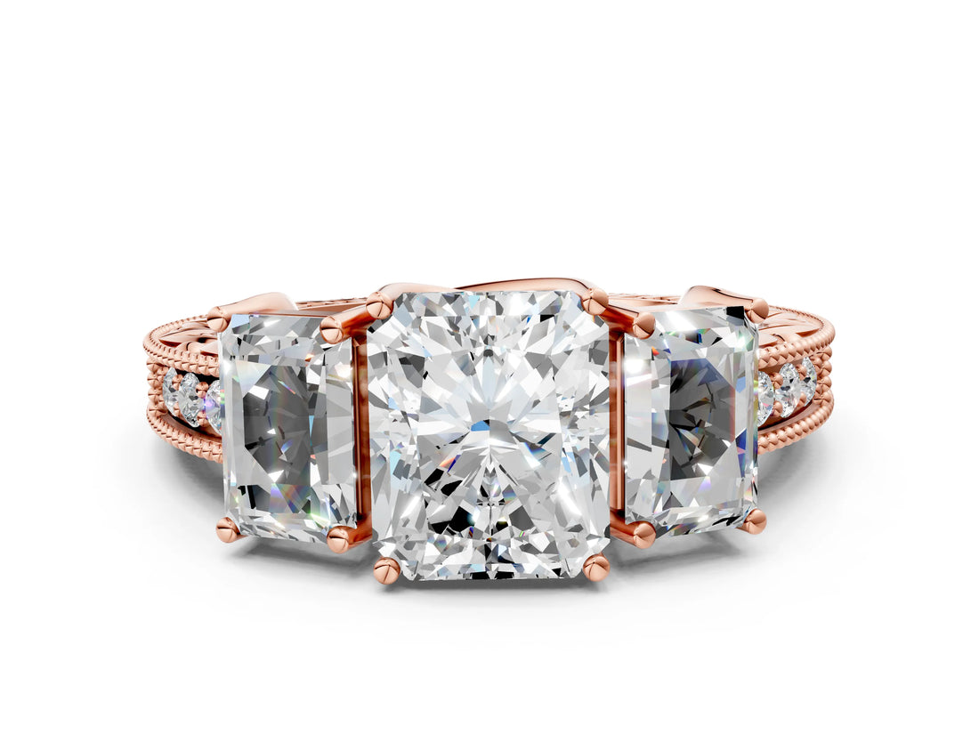 Rose gold Three-Stone Radiant Cut Cut Milgrain Pavé Engagement Ring_19
