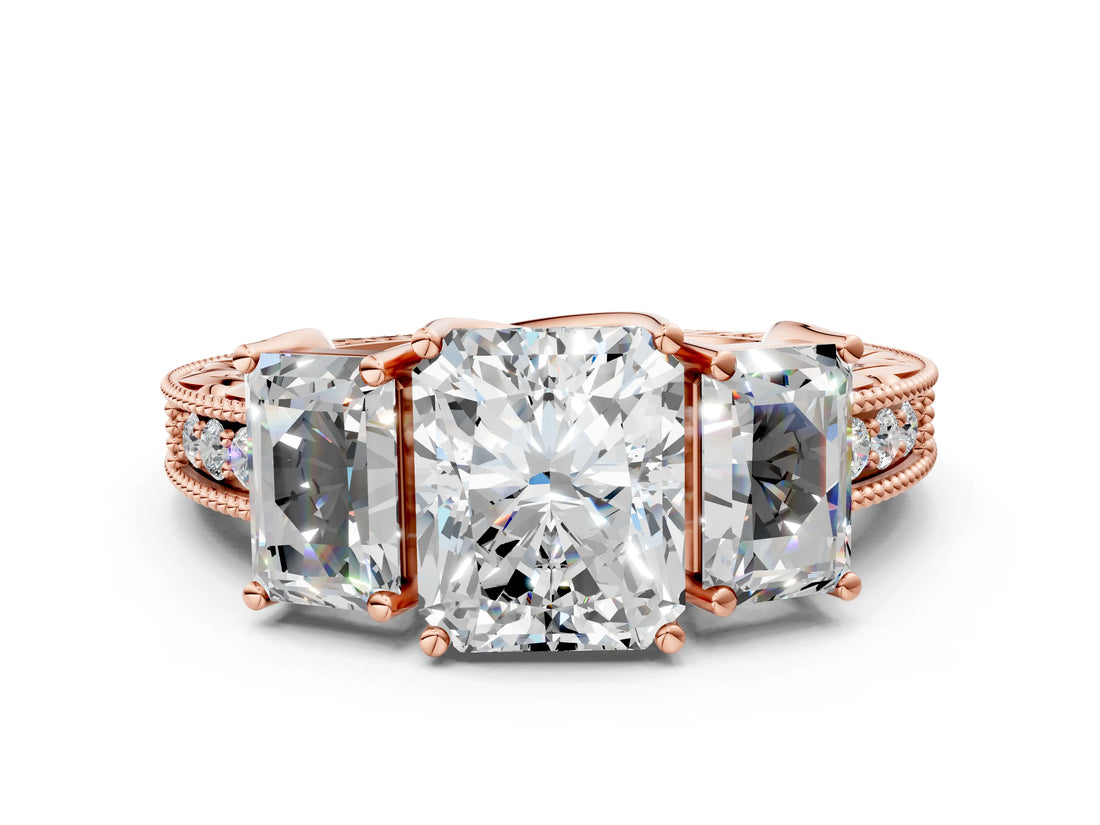 Rose gold Three-Stone Radiant Cut Cut Milgrain Pavé Engagement Ring_7