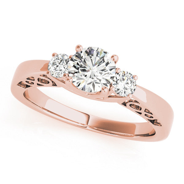 Rose gold Three-Stone Radiant Cut Diamond Cathedral Engagement Ring with Prong Setting 1