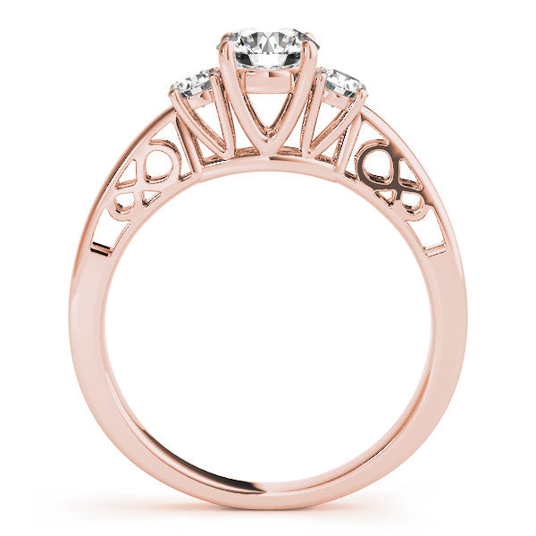 Rose gold Three-Stone Radiant Cut Diamond Cathedral Engagement Ring with Prong Setting