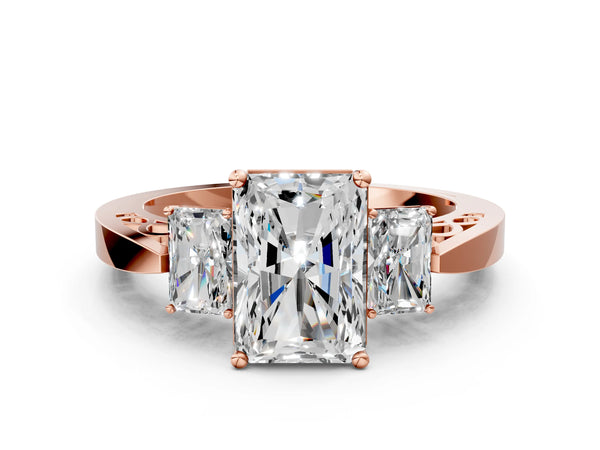 Rose gold Three-Stone Radiant Cut Diamond Cathedral Engagement Ring with Prong Setting