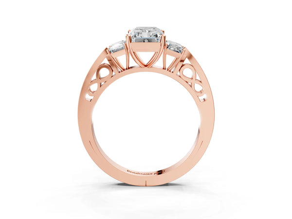 Rose gold Three-Stone Radiant Cut Diamond Cathedral Engagement Ring with Prong Setting