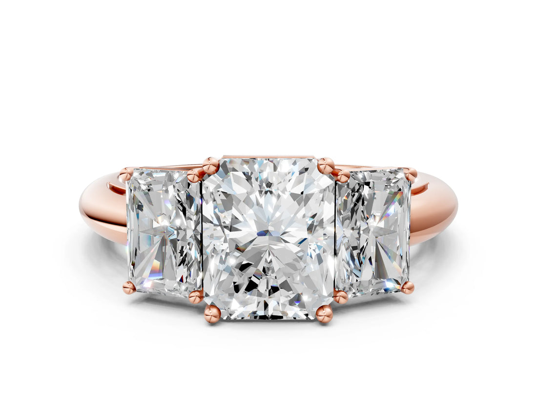 Rose gold Three-Stone Radiant Cut Diamond Engagement Ring with Prong Setting on a White Gold Band_30