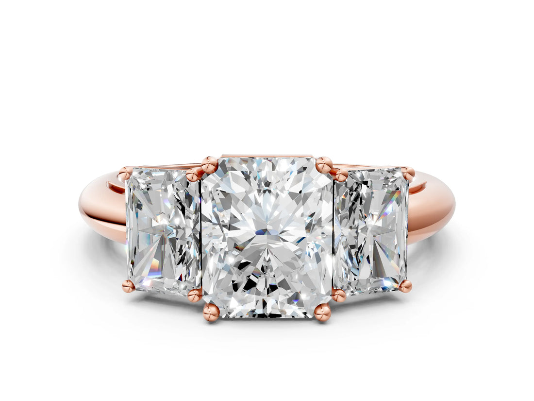 Rose gold Three-Stone Radiant Cut Diamond Engagement Ring with Prong Setting on a White Gold Band_6