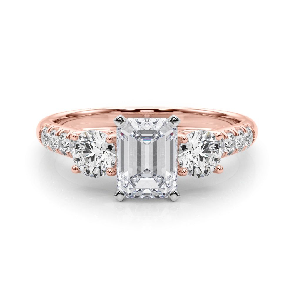 Rose gold Three-Stone Radiant Cut Diamond Pavé Band with Four-Prong Setting