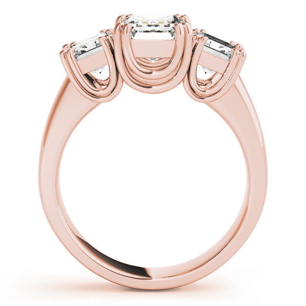 Rose gold Three-Stone Radiant Cut Diamond Ring with Channel Set Band and Four-Prong Setting