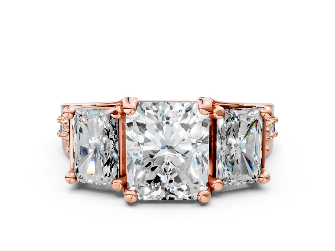 Rose gold Three-Stone Radiant Cut Diamond Ring with Channel-Set Band and Four-Prong Setting_119