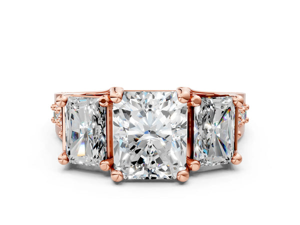 Rose gold Radiant Cut Diamond Three-Stone Ring with Channel Set Band and Four-Prong Setting