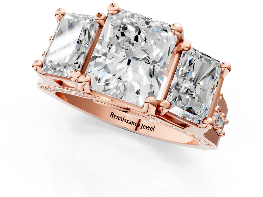Rose gold Radiant Cut Diamond Three-Stone Ring with Channel Set Band and Four-Prong Setting