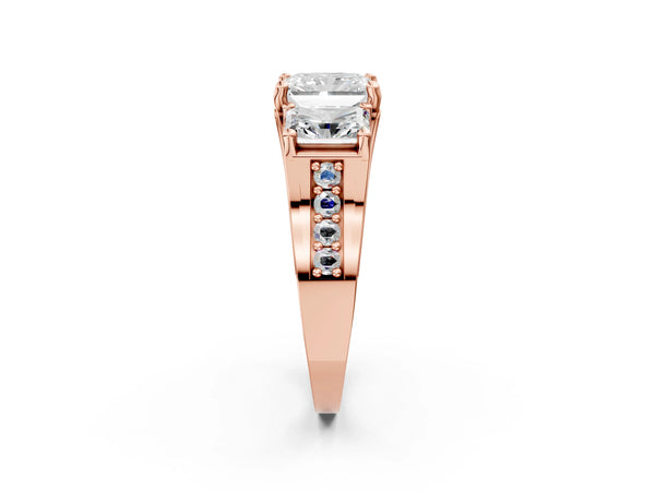 Rose gold Radiant Cut Diamond Three-Stone Ring with Channel Set Band and Four-Prong Setting