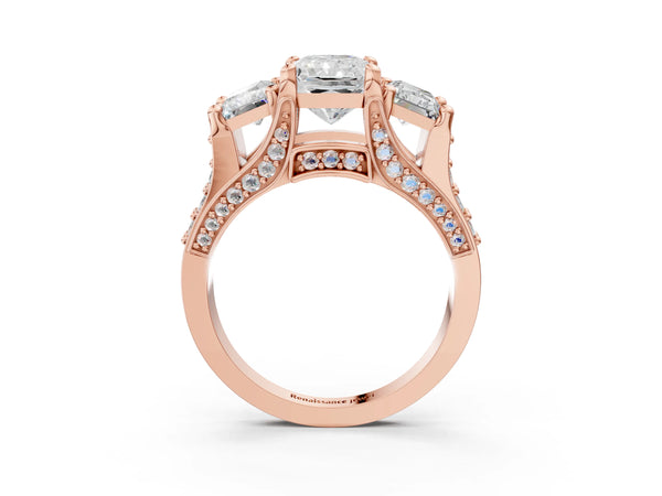 Rose gold Radiant Cut Diamond Three-Stone Ring with Channel Set Band and Four-Prong Setting
