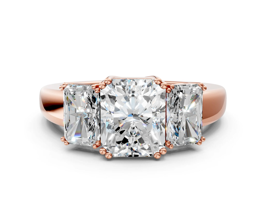 Rose gold Three-Stone Radiant Cut Diamond Ring with Channel Set Band and Four-Prong Setting_25
