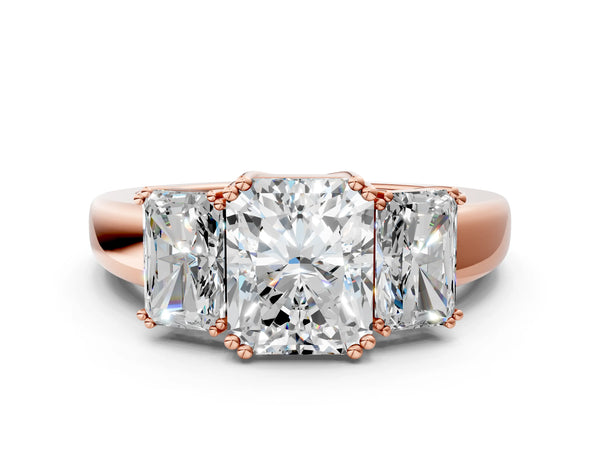 Rose Gold Radiant Cut Three Stone Engagement Ring Setting with Double Claw Head and Plain Band