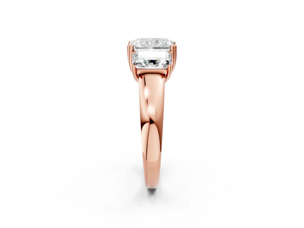Rose Gold Radiant Cut Three Stone Engagement Ring Setting with Double Claw Head and Plain Band