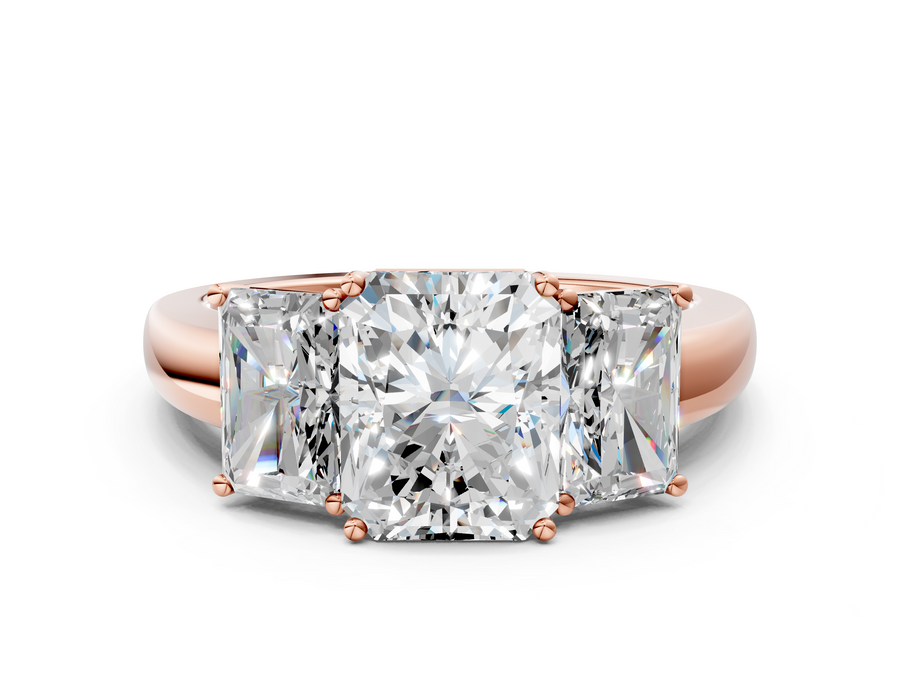 Rose gold Radiant Cut Diamond Three-Stone Ring with Four-Prong Setting and Classic Band