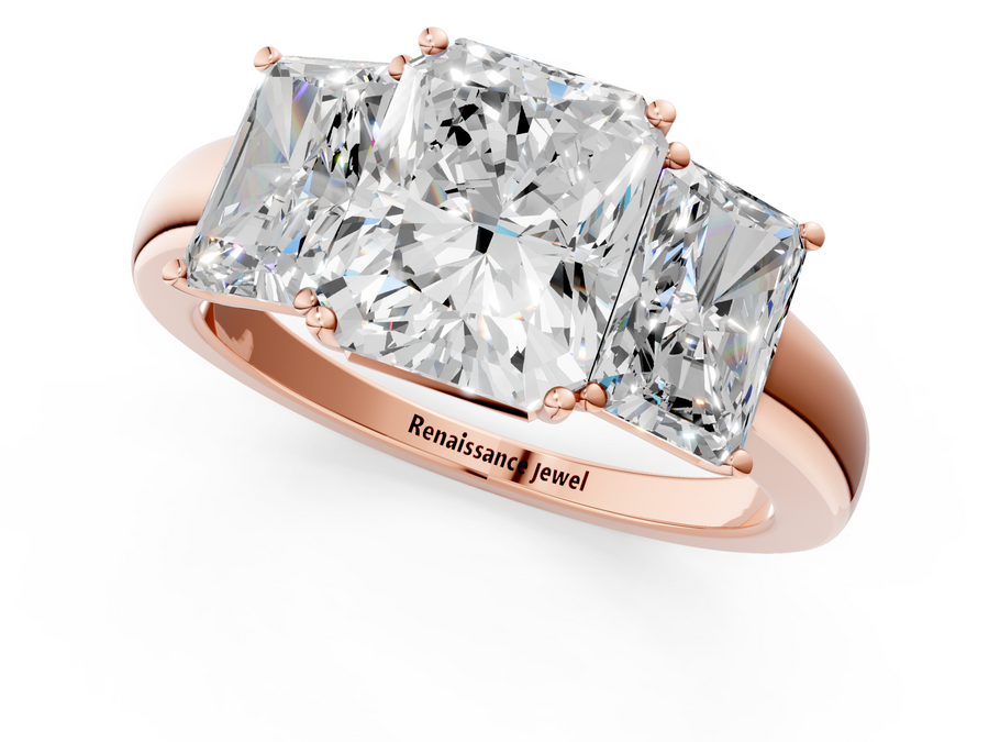 Rose gold Radiant Cut Diamond Three-Stone Ring with Four-Prong Setting and Classic Band
