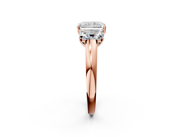 Rose gold Radiant Cut Diamond Three-Stone Ring with Four-Prong Setting and Classic Band