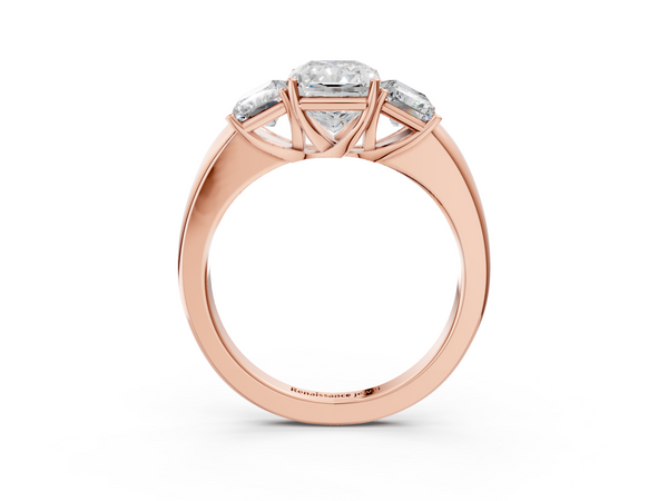 Rose gold Radiant Cut Diamond Three-Stone Ring with Four-Prong Setting and Classic Band
