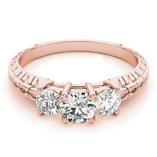 Rose gold Three-Stone Radiant Cut Diamond Ring with Channel-Set Band and Prong Setting 2
