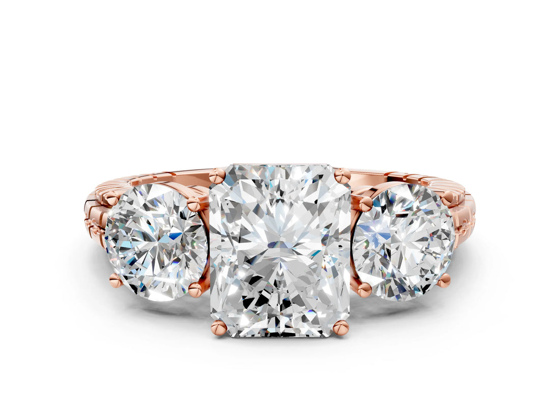 Rose gold Three-Stone Radiant Cut Diamond Ring with Channel-Set Band and Prong Setting_6