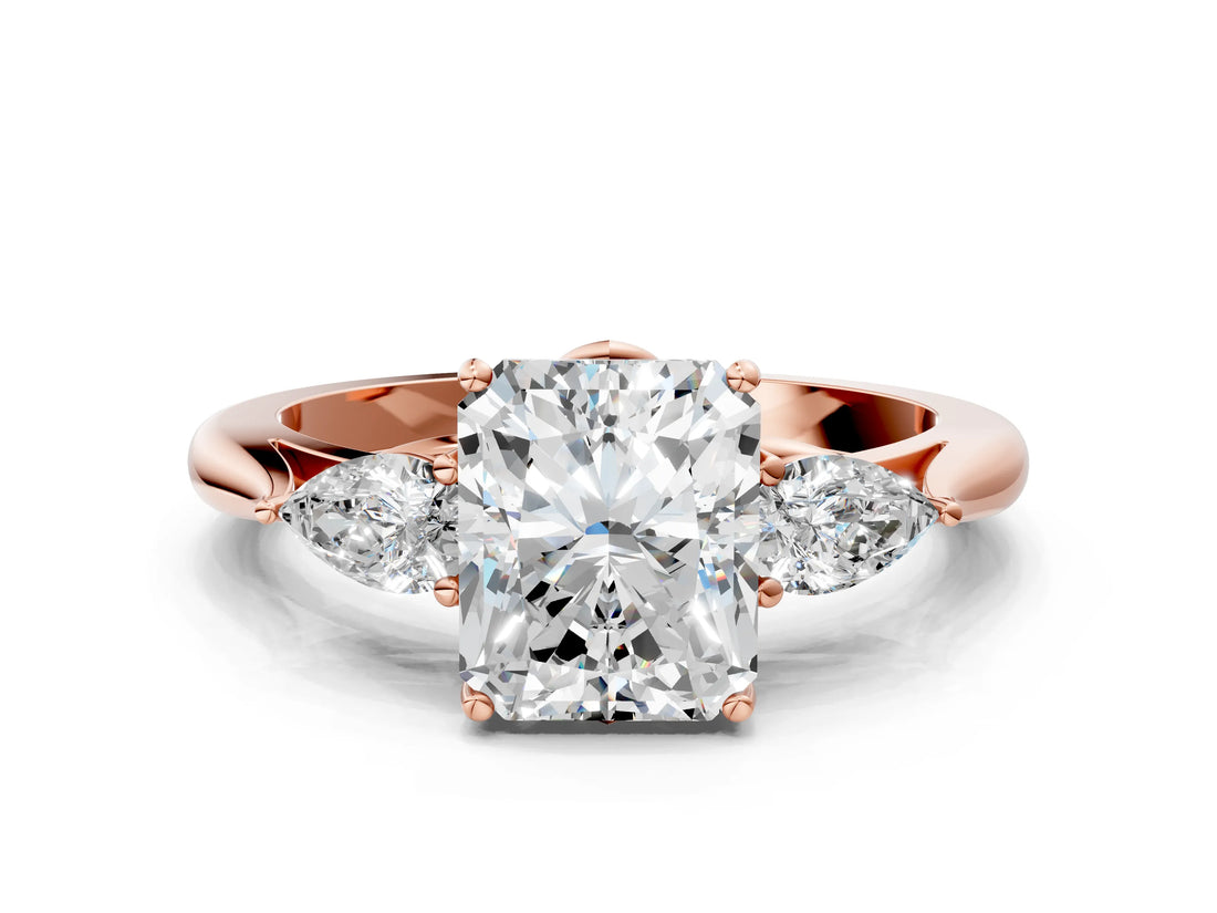 Rose gold Three-Stone Radiant Cut Diamond Ring with Pear  Side Stones in Four-Prong Setting_12