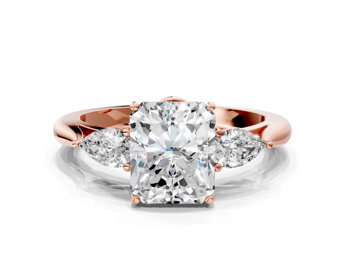 Rose gold Three-Stone Radiant Cut Diamond Ring with Pear  Side Stones in Four-Prong Setting_36