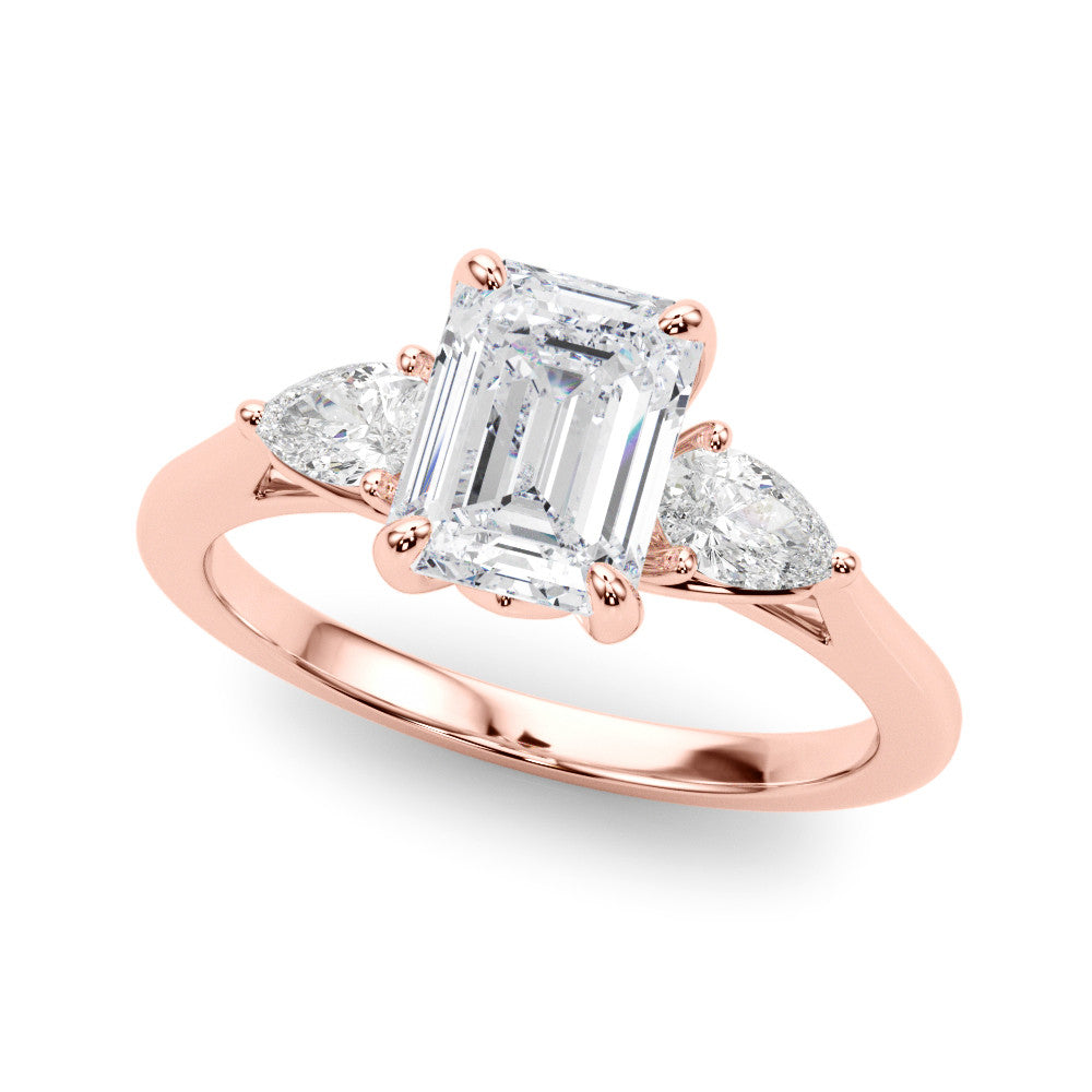 Rose gold Three-Stone Radiant Cut Diamond Ring with Pear Side Stones on a Platinum Band and Four-Prong Setting 1