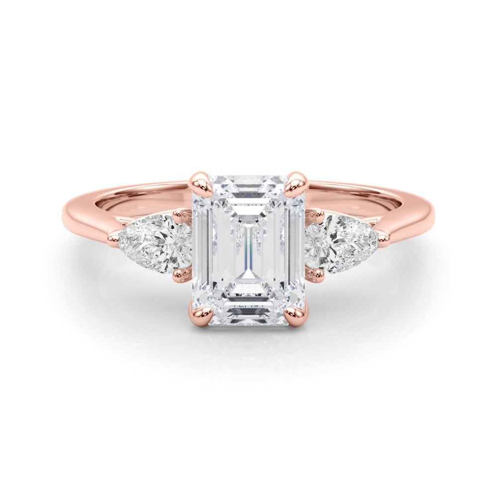 Rose gold Three-Stone Radiant Cut Diamond Ring with Pear Side Stones on a Platinum Band and Four-Prong Setting 2