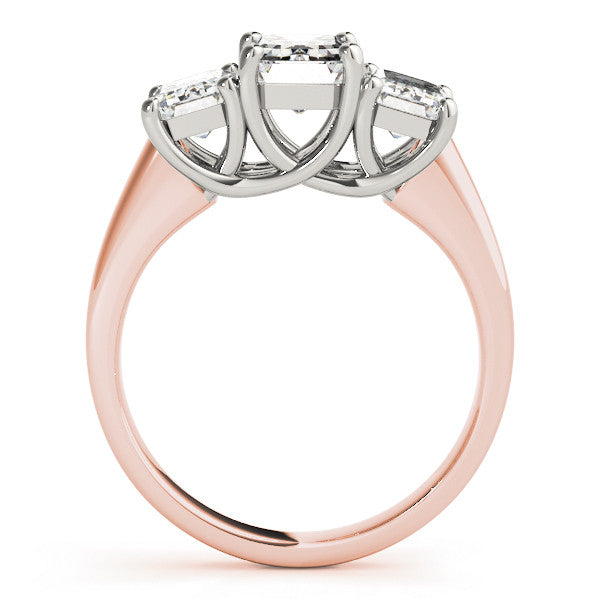 Rose gold Three-Stone Radiant Cut Diamond Ring with Prong Setting and Classic Band