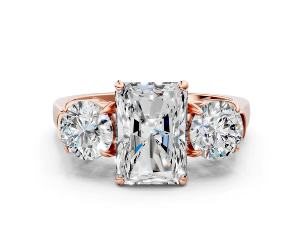 Rose gold Three-Stone Radiant Cut Diamond Ring with Round Accent Stones, Prong Setting, and Classic Band