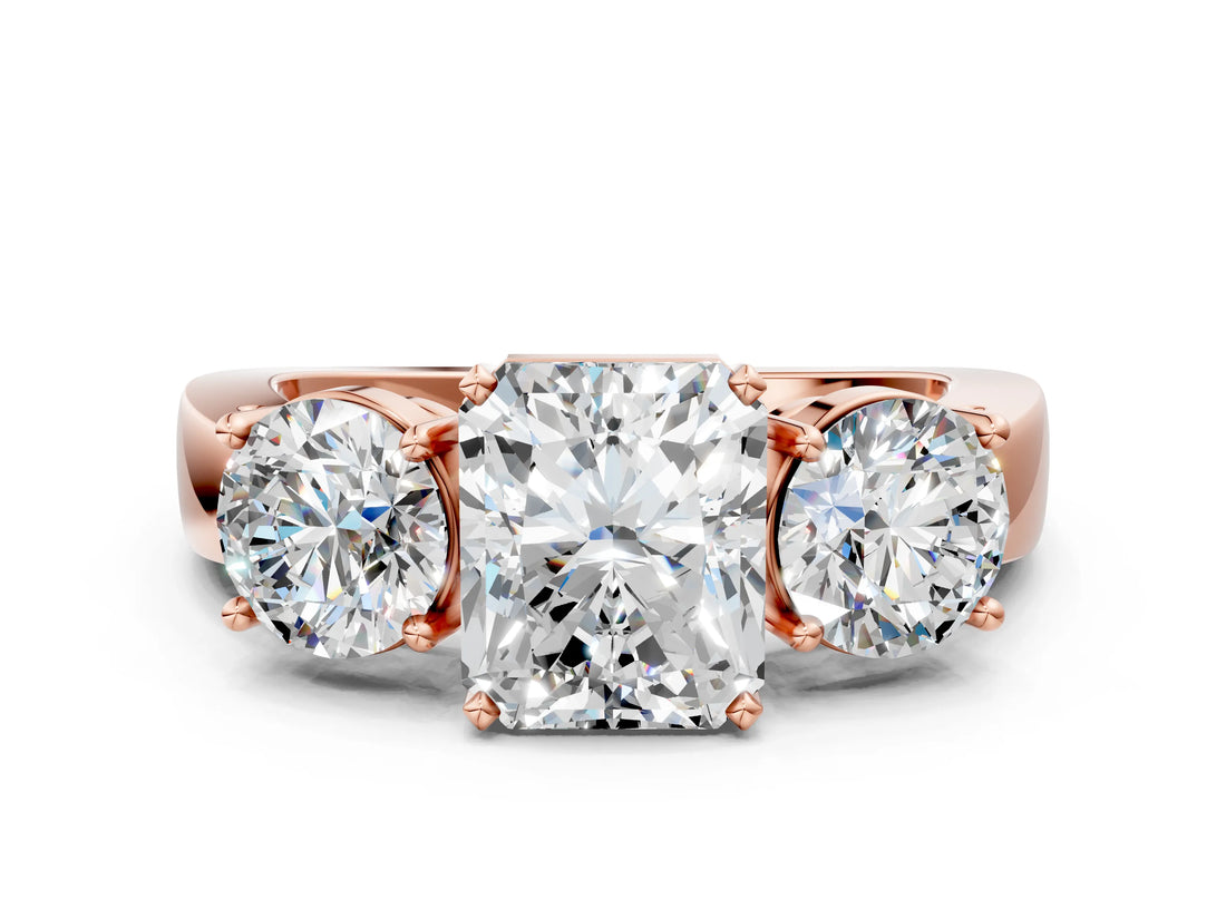 Rose gold Three-Stone Radiant Cut Diamond Ring with Round Side Stones, Classic Band, and Four-Prong Setting_3