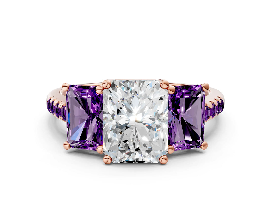 Rose gold Three-Stone Radiant Cut Diamond Ring with Round with Amethyst side stone Pavé Band and Prong Setting