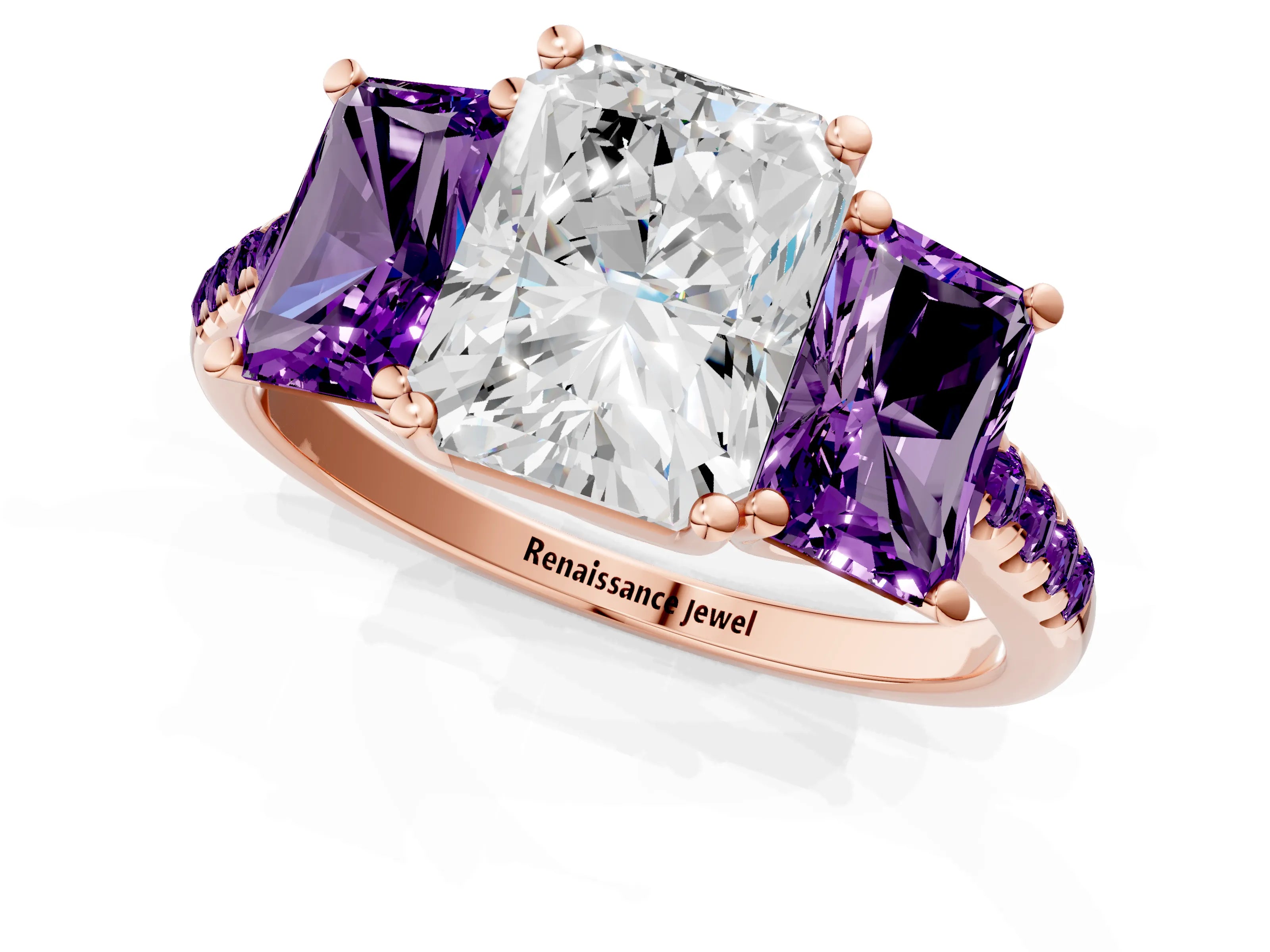 Rose gold Three-Stone Radiant Cut Diamond Ring with Round with Amethyst side stone Pavé Band and Prong Setting_1