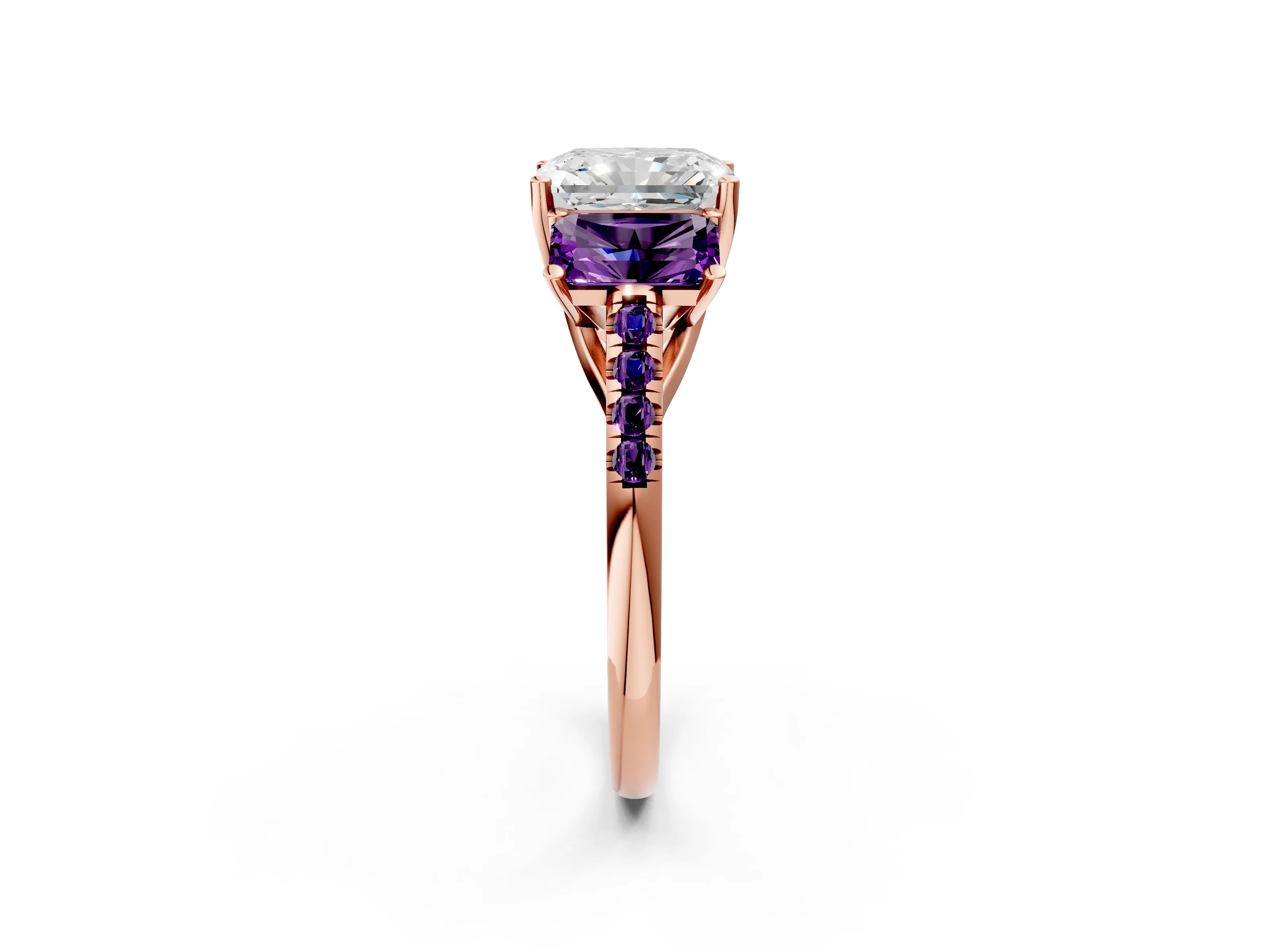 Rose gold Three-Stone Radiant Cut Diamond Ring with Round with Amethyst side stone Pavé Band and Prong Setting_2