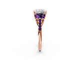 Rose gold Three-Stone Radiant Cut Diamond Ring with Round with Amethyst side stone Pavé Band and Prong Setting_2