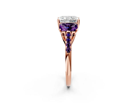 Rose gold Three-Stone Radiant Cut Diamond Ring with Round with Amethyst side stone Pavé Band and Prong Setting_2