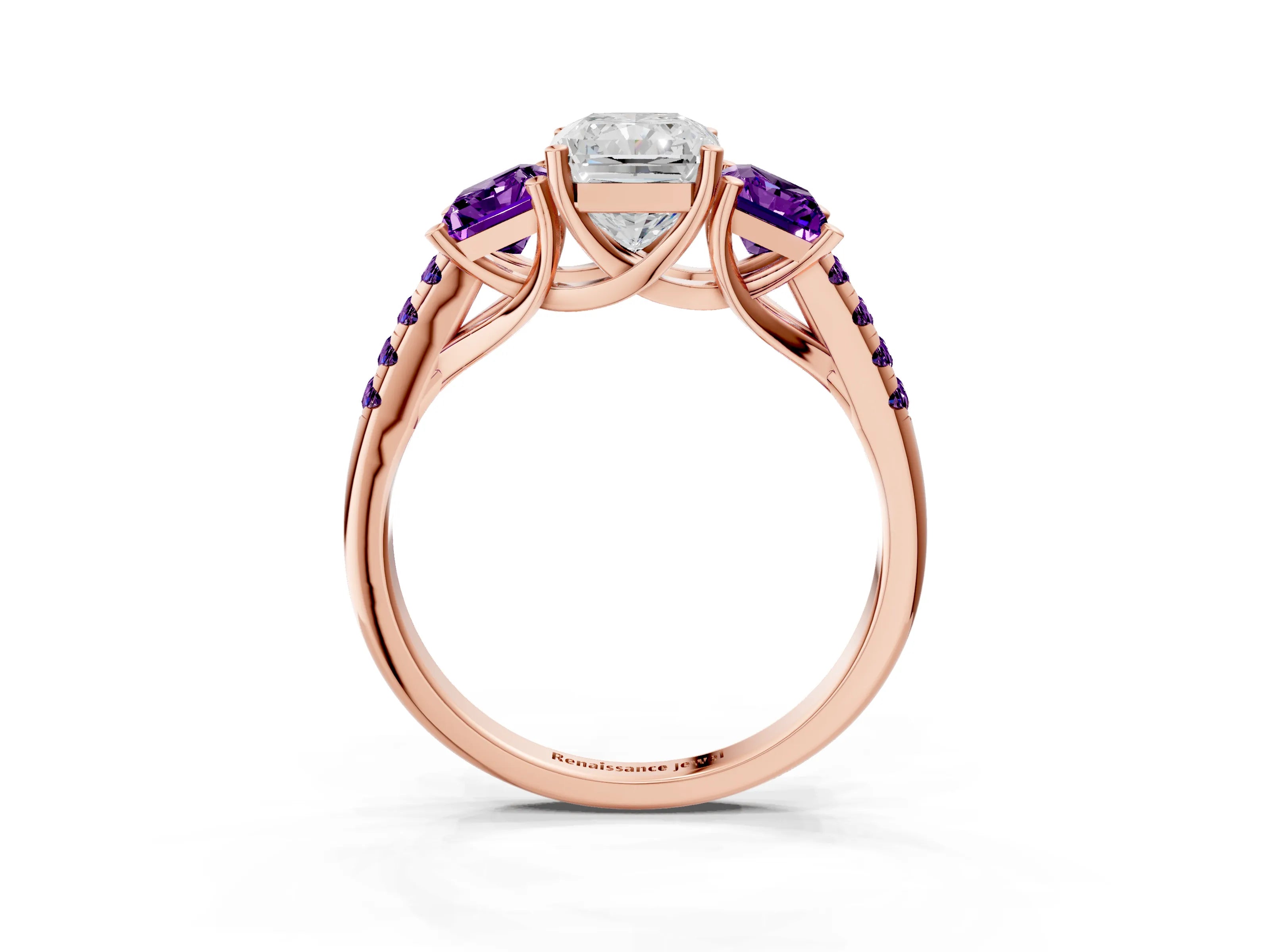 Rose gold Three-Stone Radiant Cut Diamond Ring with Round with Amethyst side stone Pavé Band and Prong Setting_3