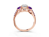 Rose gold Three-Stone Radiant Cut Diamond Ring with Round with Amethyst side stone Pavé Band and Prong Setting_3