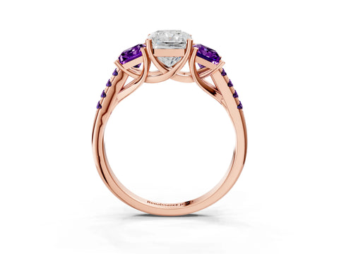 Rose gold Three-Stone Radiant Cut Diamond Ring with Round with Amethyst side stone Pavé Band and Prong Setting_3