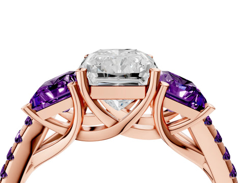 Rose gold Three-Stone Radiant Cut Diamond Ring with Round with Amethyst side stone Pavé Band and Prong Setting_4