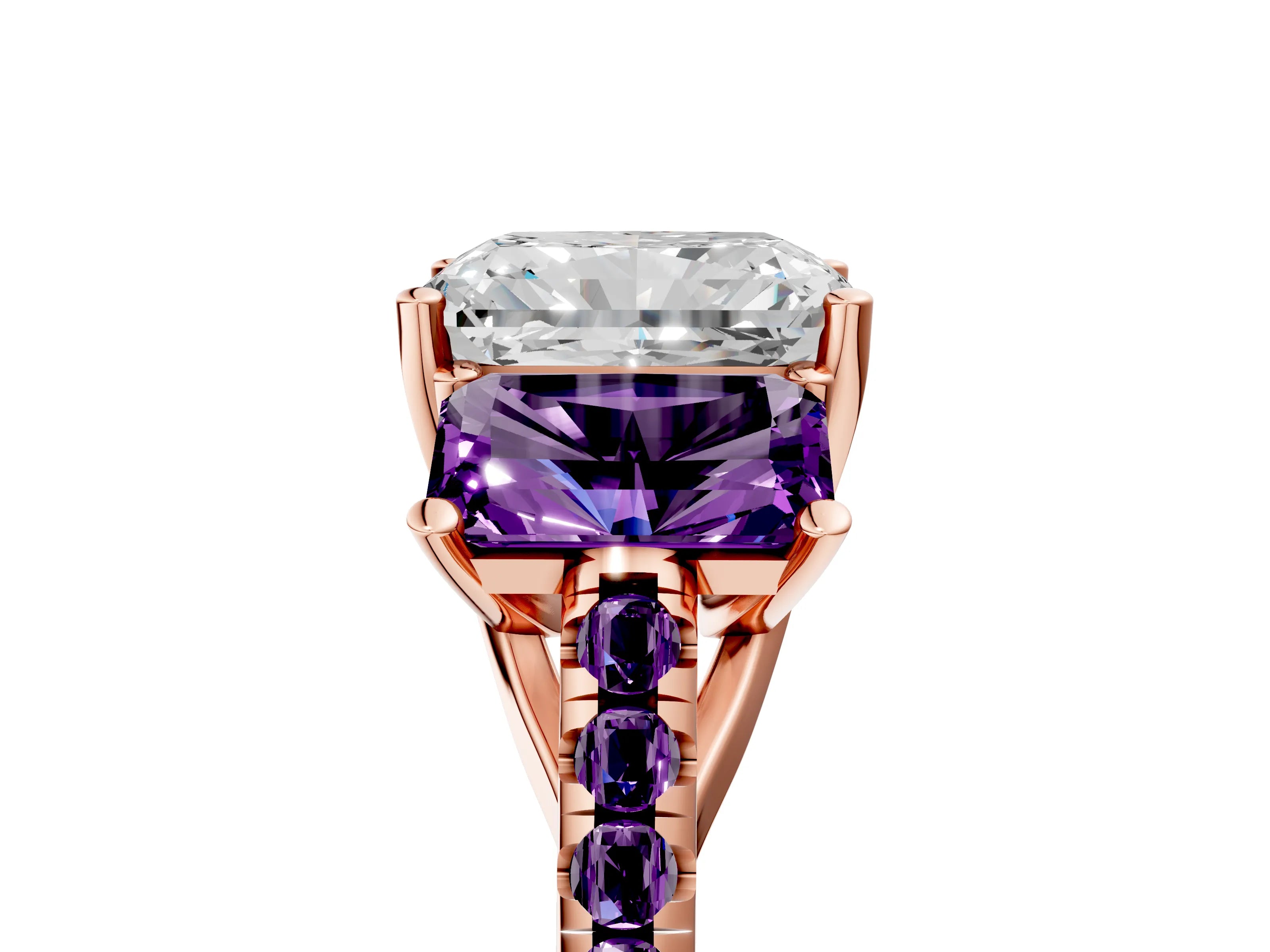 Rose gold Three-Stone Radiant Cut Diamond Ring with Round with Amethyst side stone Pavé Band and Prong Setting_5