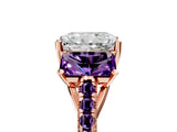 Rose gold Three-Stone Radiant Cut Diamond Ring with Round with Amethyst side stone Pavé Band and Prong Setting_5