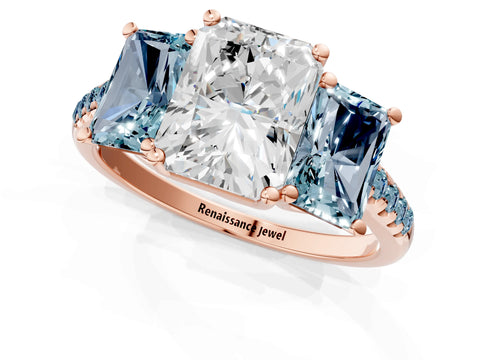 Rose gold Three-Stone Radiant Cut Diamond Ring with Round with Aquamarine side stone Pavé Band and Prong Setting_1