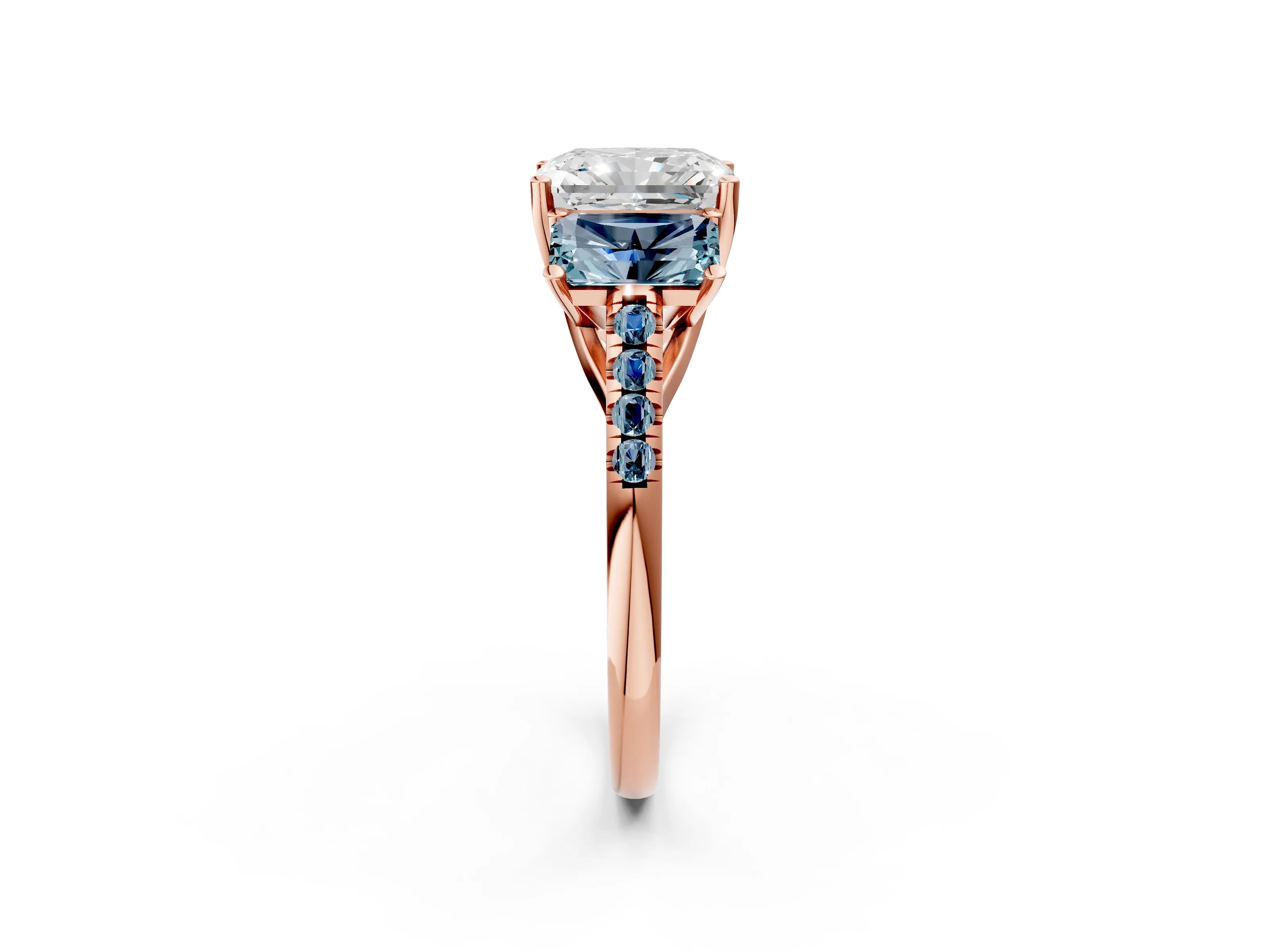Rose gold Three-Stone Radiant Cut Diamond Ring with Round with Aquamarine side stone Pavé Band and Prong Setting_2