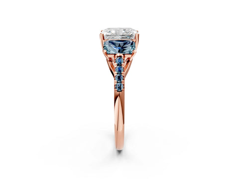 Rose gold Three-Stone Radiant Cut Diamond Ring with Round with Aquamarine side stone Pavé Band and Prong Setting_2