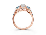 Rose gold Three-Stone Radiant Cut Diamond Ring with Round with Aquamarine side stone Pavé Band and Prong Setting_3