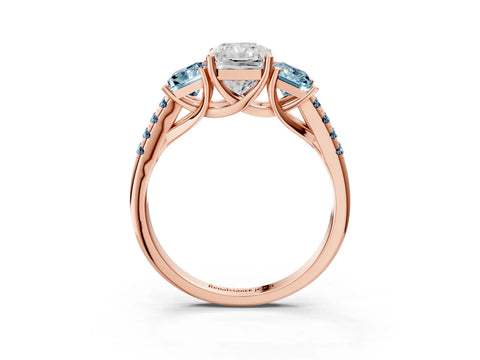 Rose gold Three-Stone Radiant Cut Diamond Ring with Round with Aquamarine side stone Pavé Band and Prong Setting_3