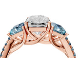 Rose gold Three-Stone Radiant Cut Diamond Ring with Round with Aquamarine side stone Pavé Band and Prong Setting_4